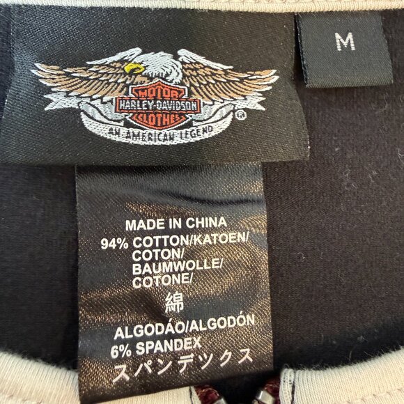 Harley Davidson Quarter Zip Embroidered Patch Hog Tee Black Red Y2K Medium - Picture 6 of 9
